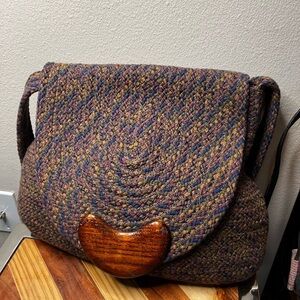 RARE Slone Stewart braided Multicolor Woven Women's Bag with Wooden Accent
